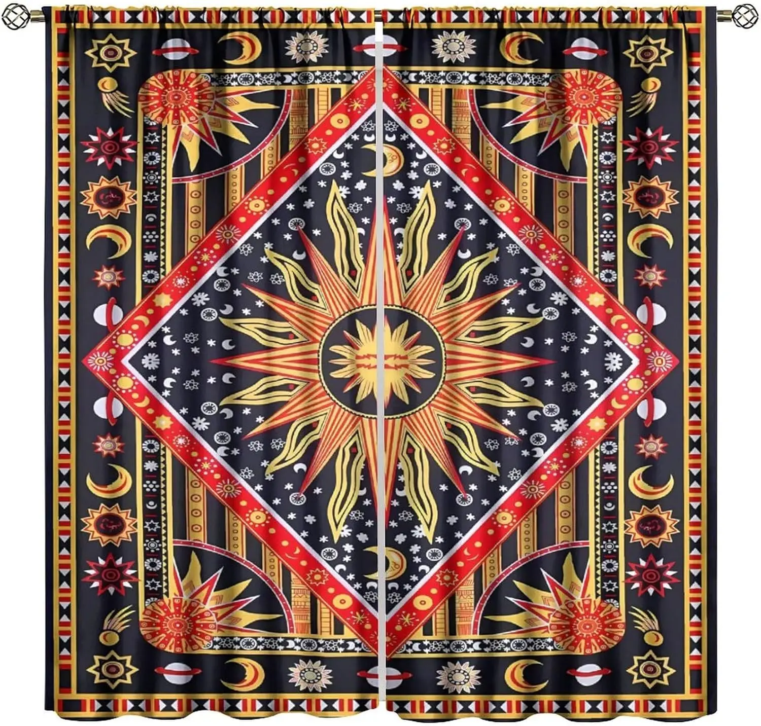 Boho Mandala Curtains Mid Century Vintage 70s Sun Moon Blackout Window Treatment for Boys Girls Kids Room Living Room Bedroom