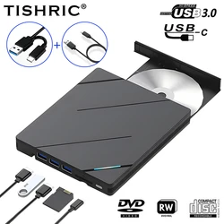 TISHRIC DVD zewnętrzny typ-C USB3.0 wielofunkcyjny czytnik nagrywarka DVD z napędem CD Writer nadaje się do laptopa PC w każdej okazji