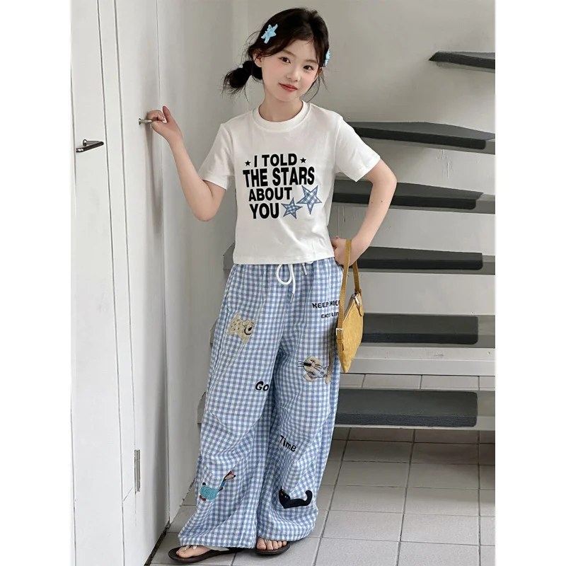 

Girls' stylish casual outfit2026Summer new stylish short-sleeve plaid anti-mosquito pants thin two-piece set for older children
