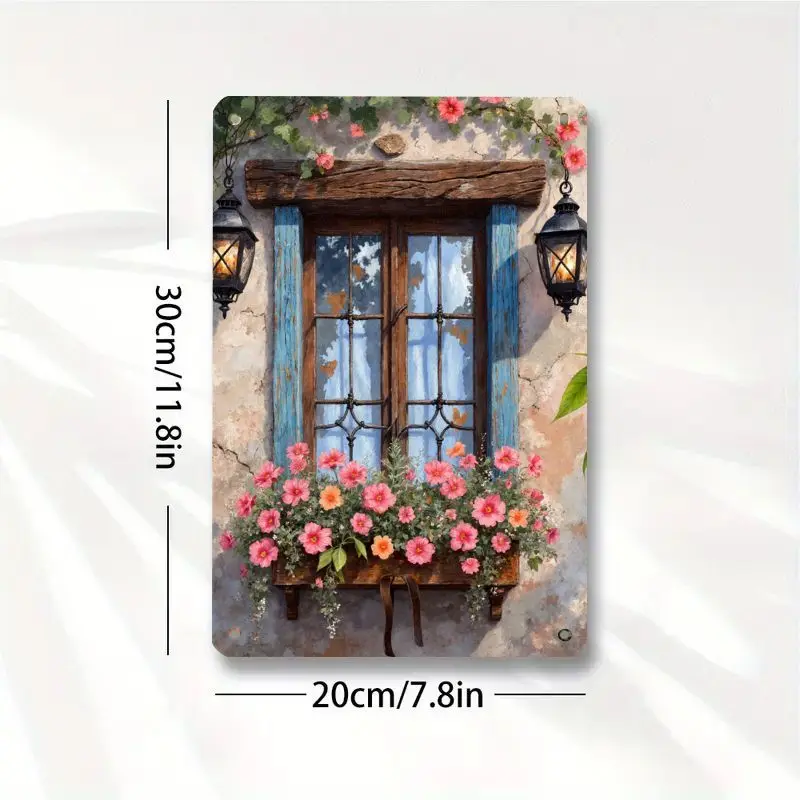 European Vintage Rustic Metal Sign - French Country Style Stone Wall Art with Pink and Orange Flowers, Blue Shutters, and Lan