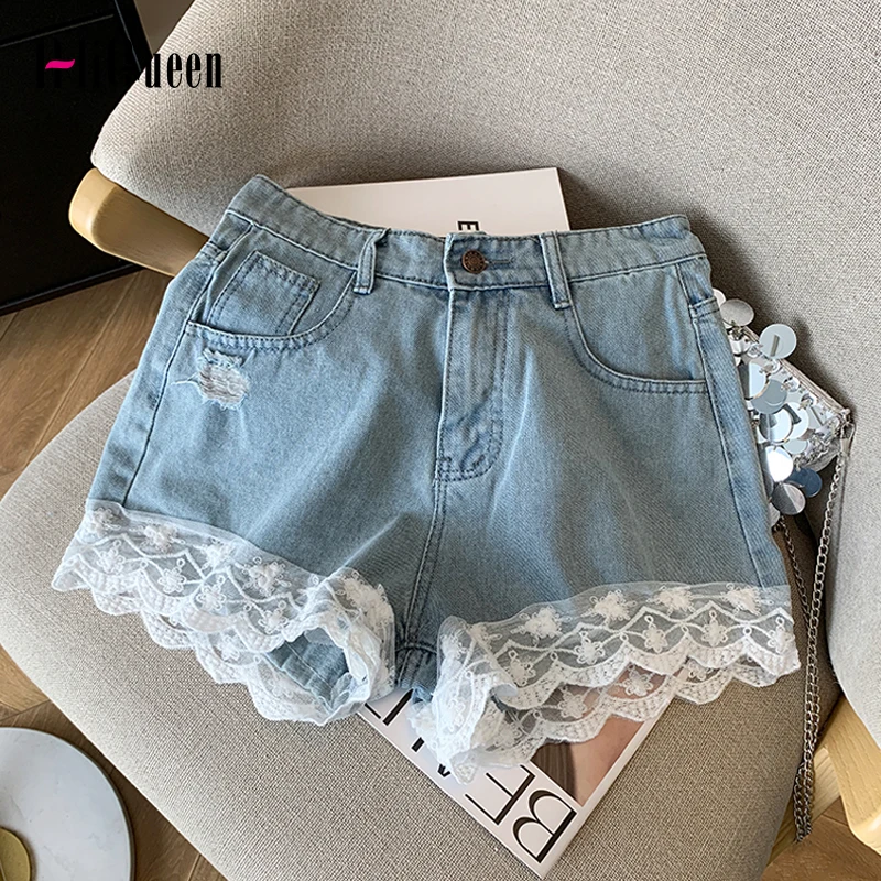 

Summer Women Blue Wide Leg Lace Jeans Shorts Female Vintage Casual Sweet High Waist Straight Short Cotton Denim Pants Streetwear
