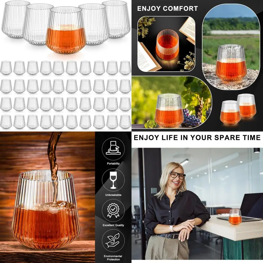 

50 Pack 14 Ounce Clear Shatterproof Reusable Ribbed Plastic Wine Glasses - Disposable Recyclable Cups for Parties