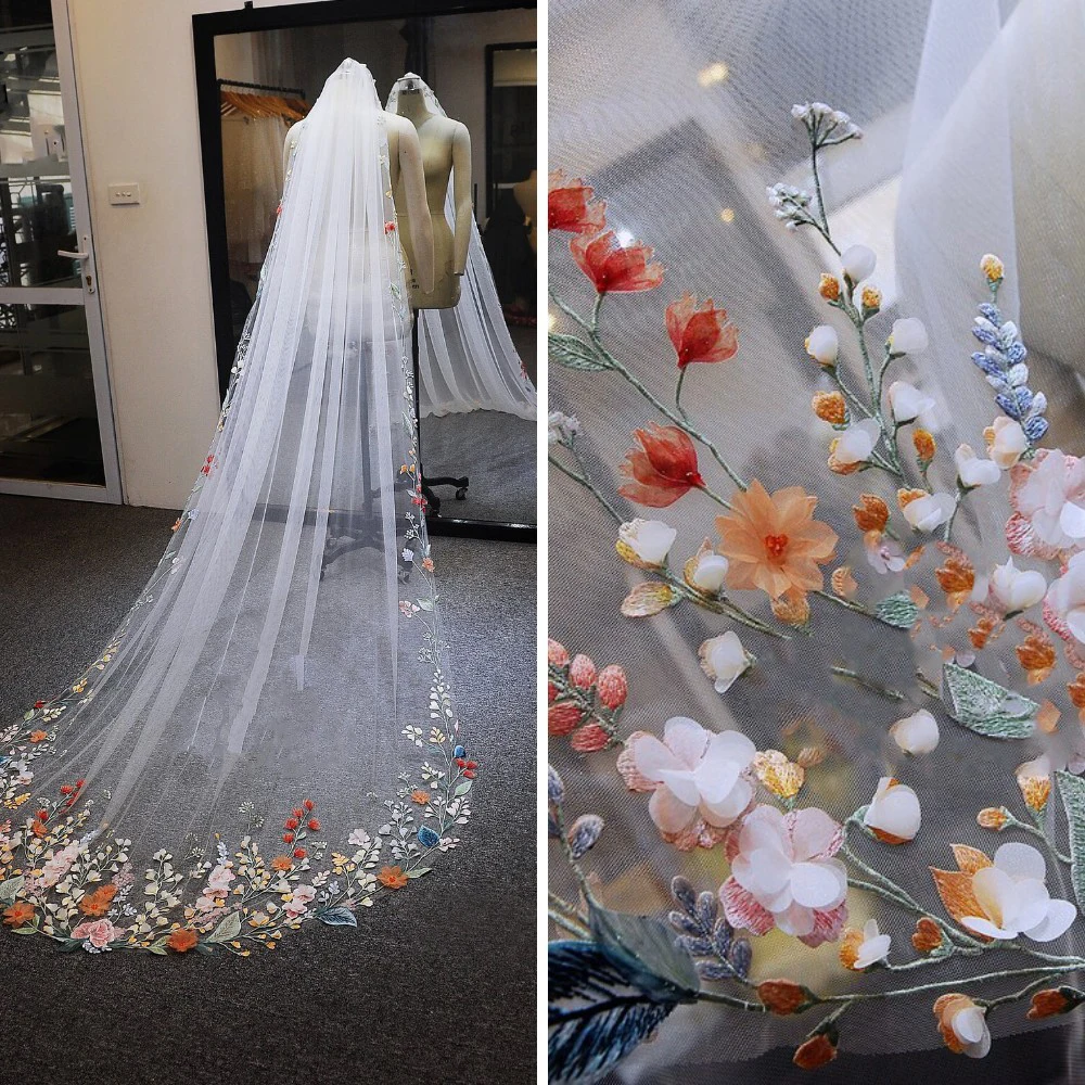 Colorful Flowers Wedding Veil Hand Made Lace Bridal Veil Embroidery Appliques Outdoor Garden Themed Ceremonies Customized