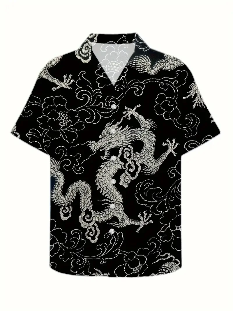 Retro Dragon and Tiger Pattern Men's Short Sleeve Button Summer Leisure Business Trend Street Outdoor Party Vacation Men's High