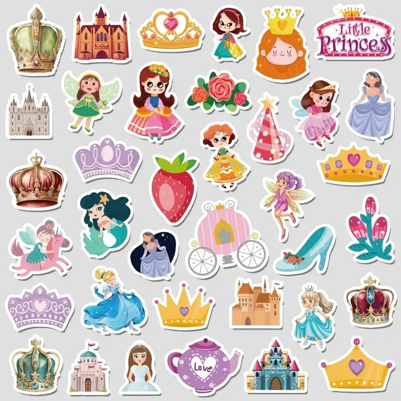 50pcs/bag Cartoon Cute Princess Series Crown Stickers Waterproof Paster for Phone Case Hand-account Children Sticker Toy