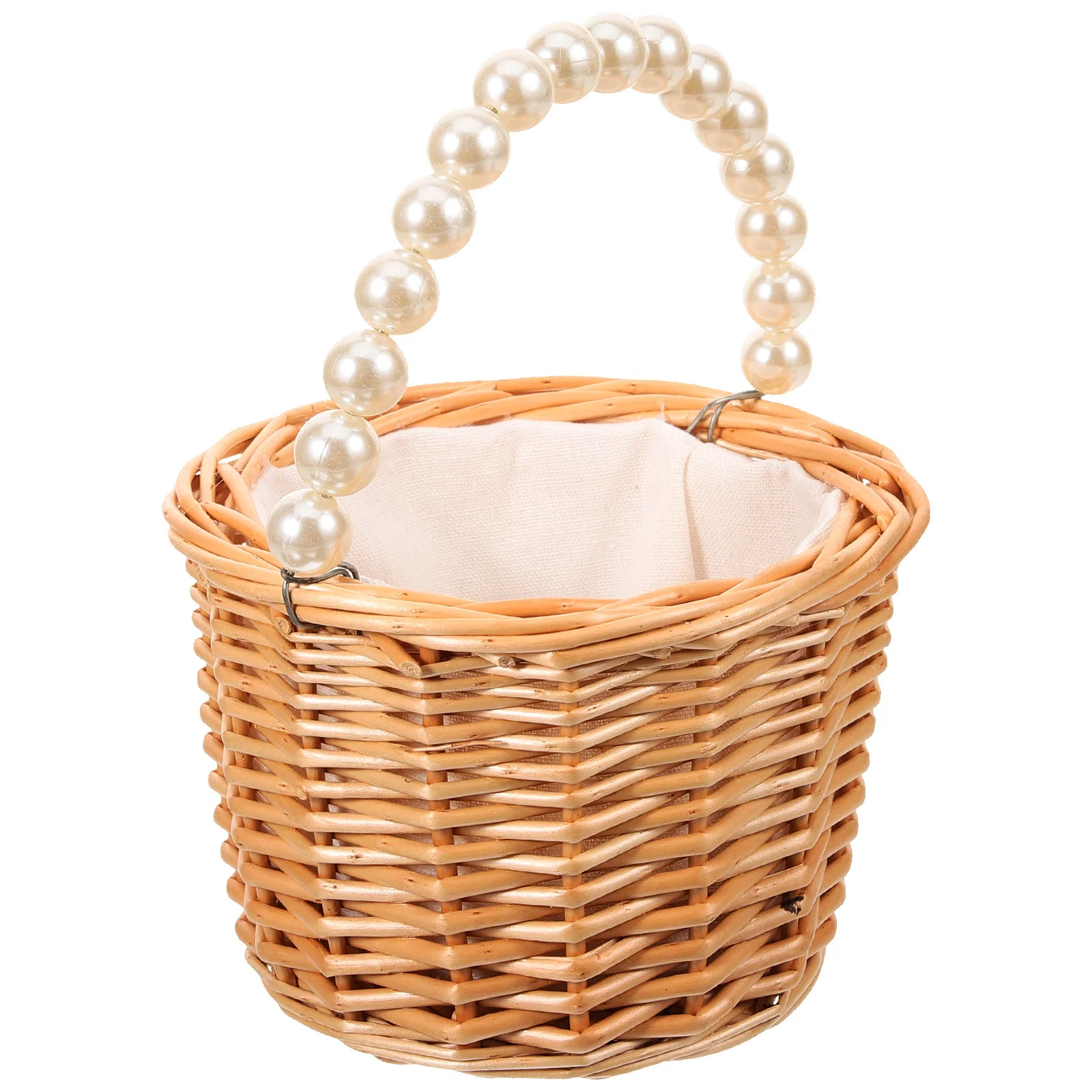 

Elegant Handheld Flower Basket Woven Wicker Design with Pearls Ideal for Wedding Flower Girl Gift Or Home Storage Decor