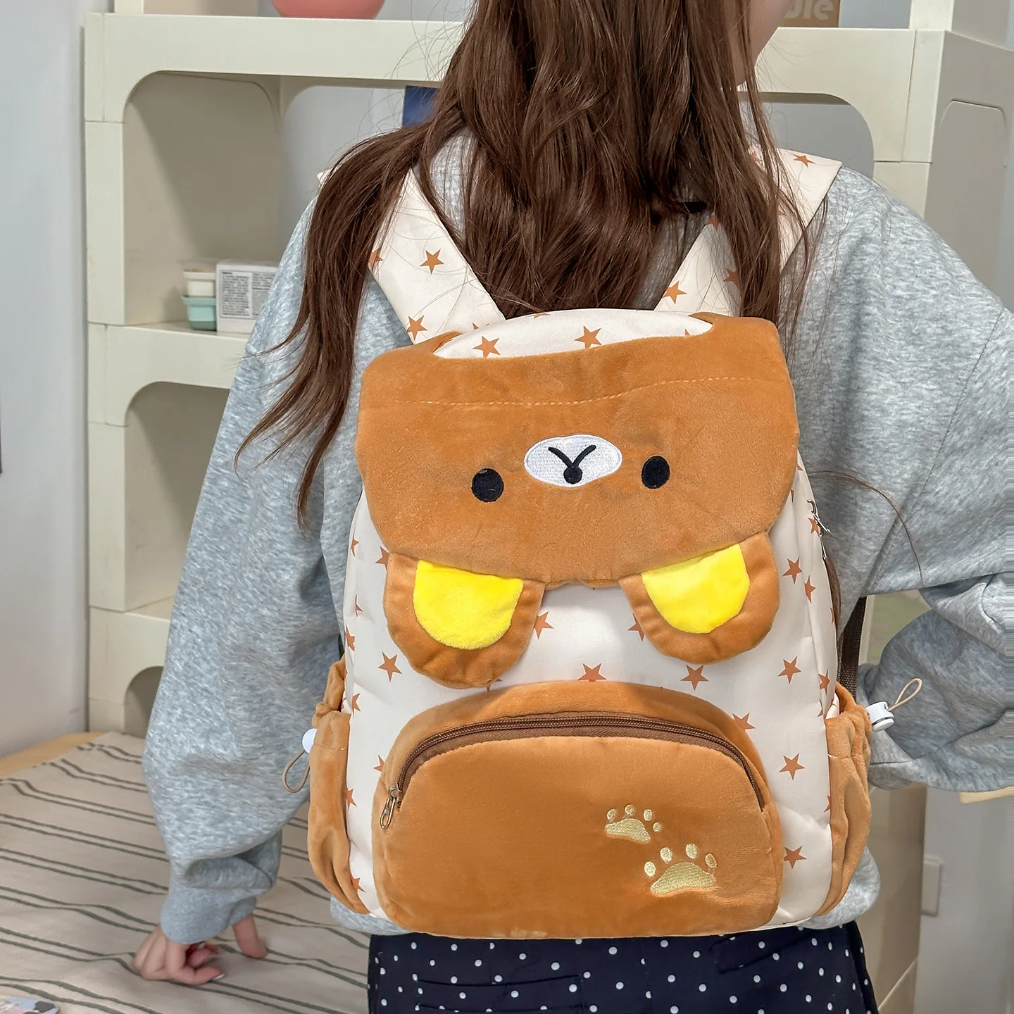 Women Cute Cartoon Bear Plush Backpack Star Print School Bag Large Capacity Kawaii Animal Daypack Casual Daily Travel Rucksack