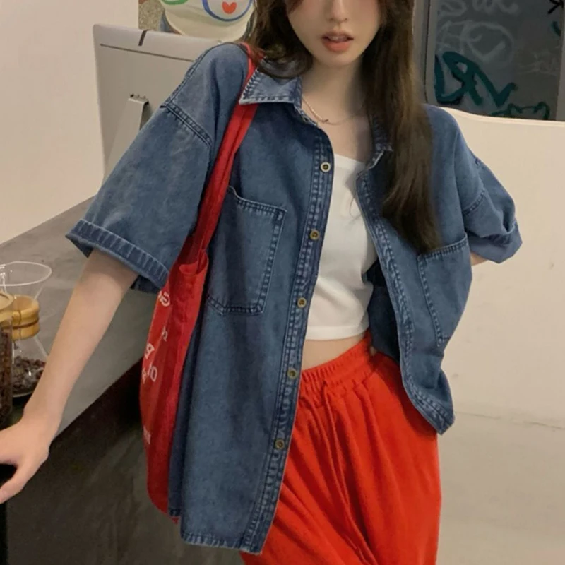 Rimocy Korean Denim Short Sleeve Shirts Woman 2024 Summer Pockets Single Breasted Jacket Woman Blue Jean Casual Blouse Female