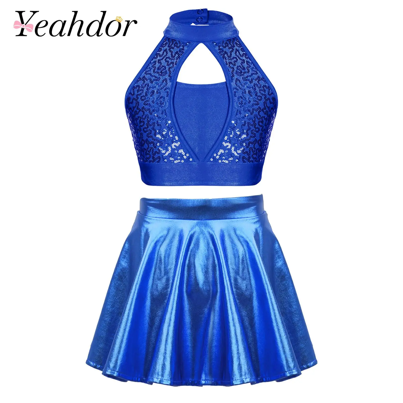 

Girls Sequin Crop Top + Metallic Ruffled Skirt Sets Children Shiny Disco Costumes Two-Pieces Cheerleading Jazz Dance Outfits