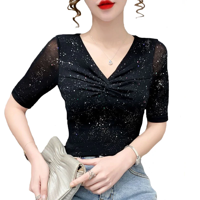 Short-sleeved Women Mesh T-shirt Summer Shiny bottoming top Casual Bright Silk Pleated Black Shirt blusa feminina