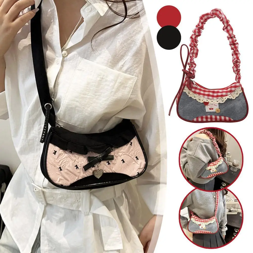 Fashion Grid Women Bag Lace Ribbon Stretchable Shoulder Strap Single Shoulder Underarm Bag Daily Commuting Student Handbag