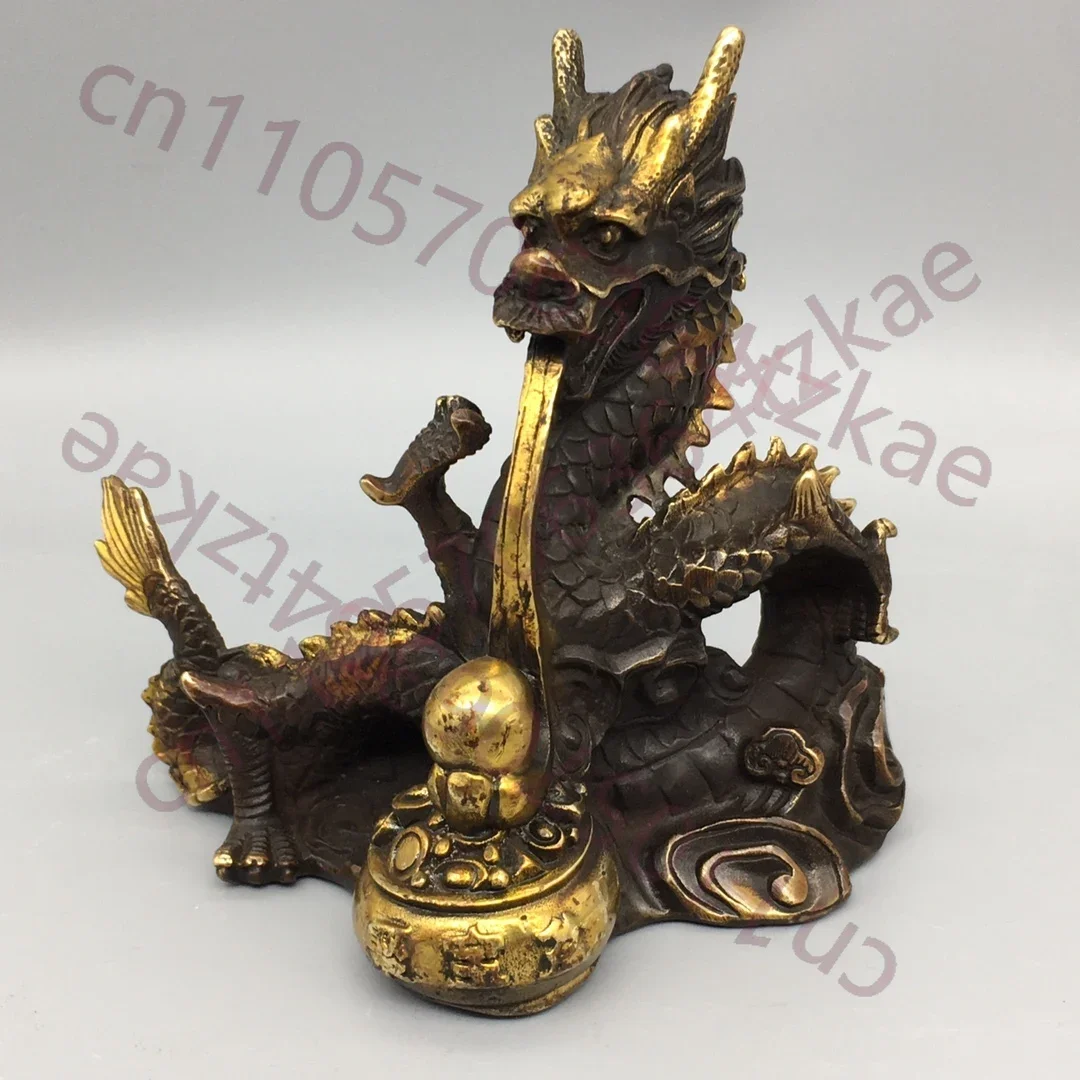 Chinese Folk Collection Old Pure copper Gilded Treasure Pot Dragon Ornament Collection- Handcrafted Artifacts for Home Decor
