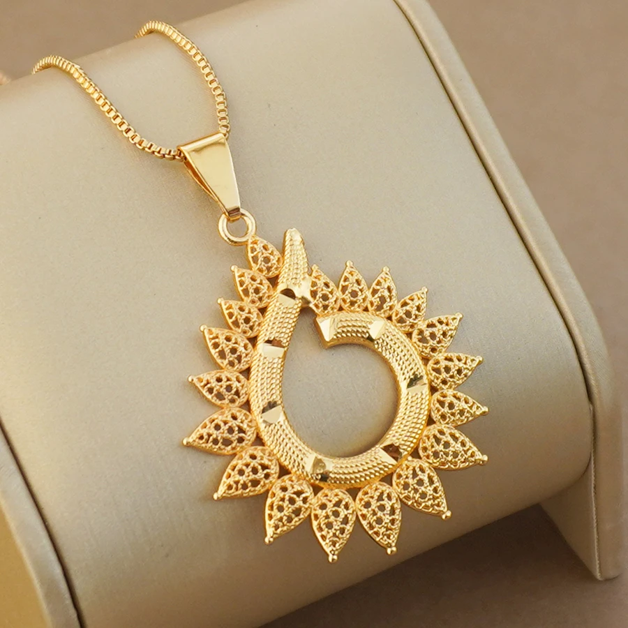 Ethiopian Jewelry Copper Gold Plated Set Serrated Flower Pendant Necklace Earrings Gold Color Africa Eritrea Wedding