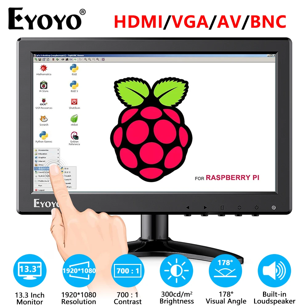 Eyoyo Touchscreen Desktop Monitor 10 Inch 1280x800 TFT Display With Speaker HDMI VGA USB Port For Raspberry Pi Computer Laptop