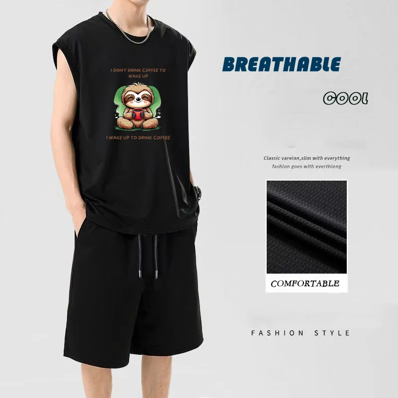 

2025 Summer Men's Sleeveless Vest Kit + Five Points Pants Loose Large Size Korean Style, Comfortable and Breathable T-Shirt