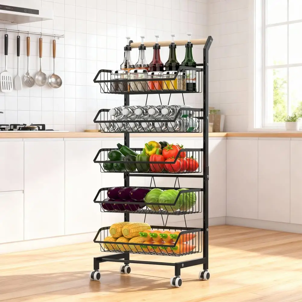 

5-ярусная металлическая передвижная тележка для хранения, регулируемая корзина для фруктов и овощей, органайзер для кухни и кладовой для картофеля, лука, закусок