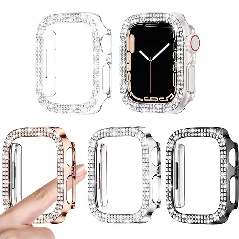 กรณีเพชรสําหรับ Apple Watch 9 8 7 41 มม.45 มม.42 มม.44 มม.40 มม.ผู้หญิง Bling กันชน Protector SHELL iWatch Series 8 3 4 5 6 SE