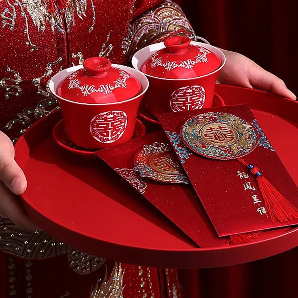 1Pcs Wedding Banquet Red Tray Durable Decorative Snack Fruit Toast Chinese Traditional Plate Festive Supplies Plastic Xi Tray