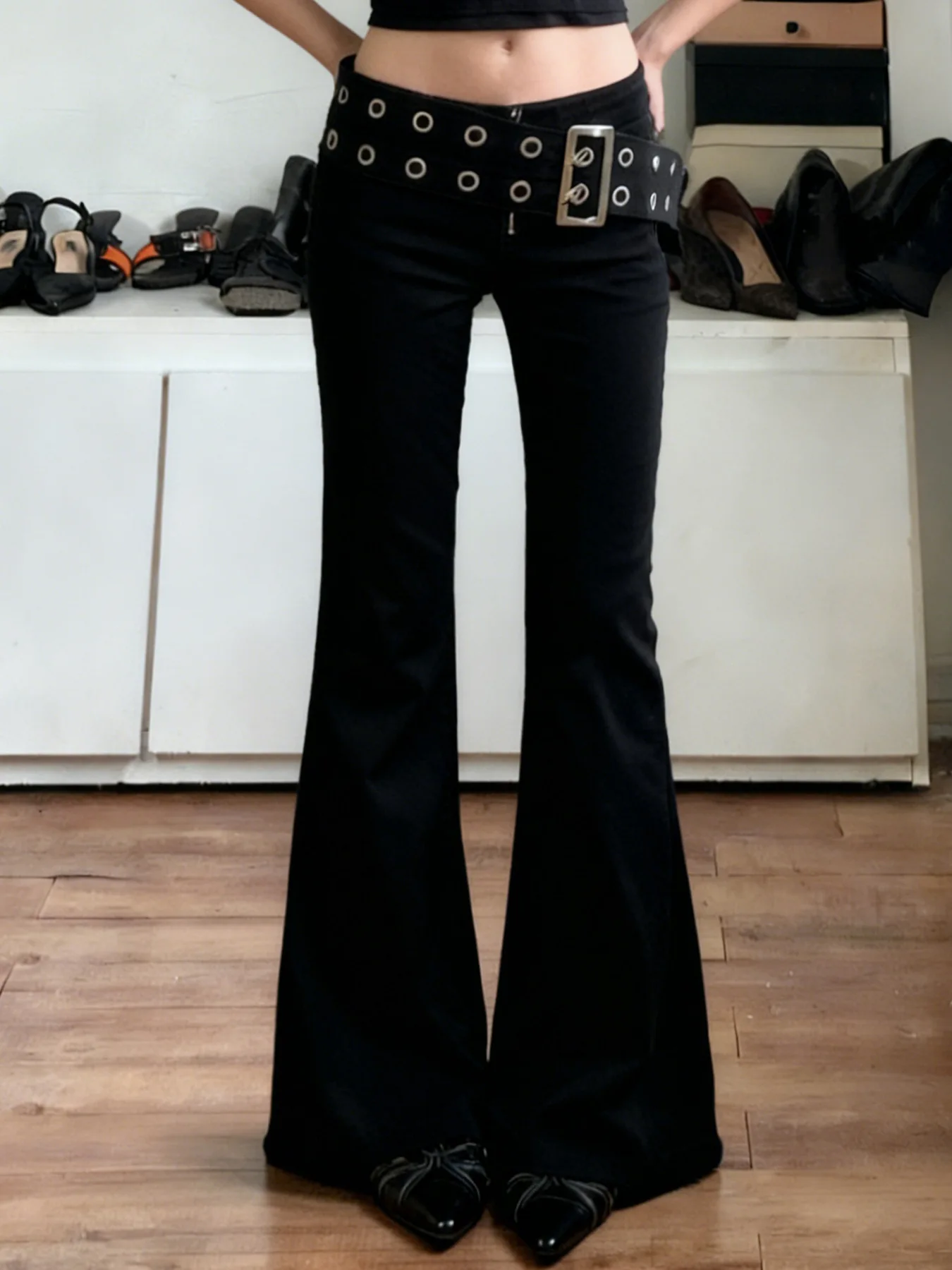 

Gtpdpllt Winter New Style Bell Bottoms Fashion Women's Fashion Trend Black Jeans Pants Buckle Waist Tight Trousers Woman