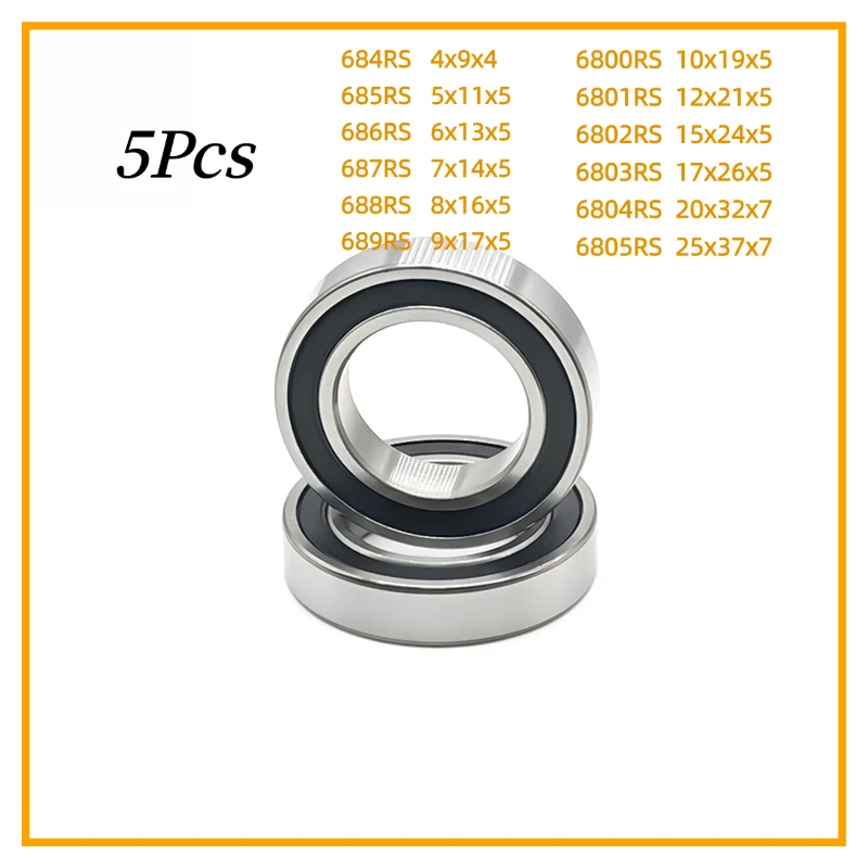 5Pcs Mixed Thin Wall Deep Groove Ball Bearings 684-2RS ~ 6805-2RS Double Rubber Sealed Chrome Steel Miniature Bearings