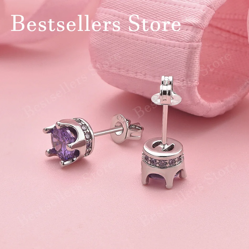 Elegant 925 Sterling Silver Beautiful Six Prong Purple Zircon Stud Earrings for Women Fashion Party Jewelry Wedding Accessories