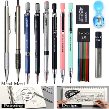 2.0 Intrekbare Mechanische Metalen/Plastic Potlood Gekleurde Zwart 2Mm Refill 2B Lood Professionele Pen Voor Schets Tekening School