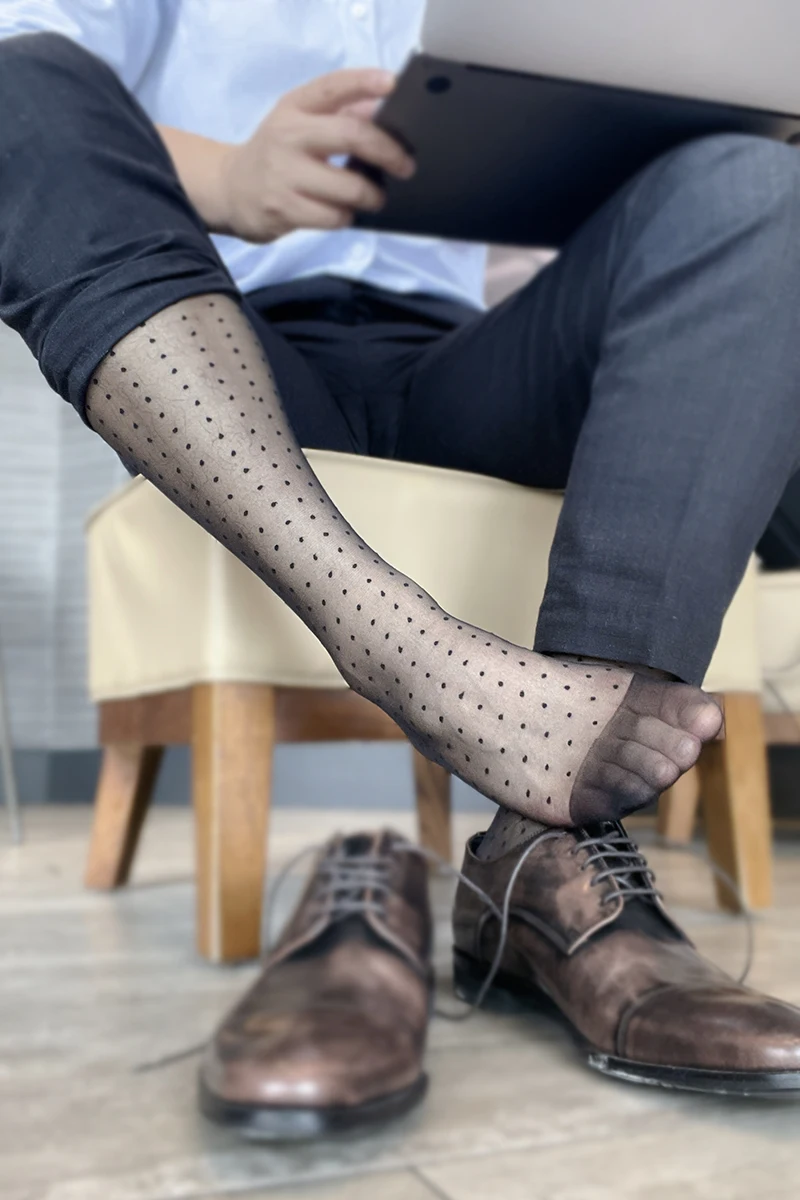 Man\'s Sheer Sock Mid Tube Jacquard Lace Dot  Polka Dots Laced Stocking Fine Dress Socks Short Socks Daily