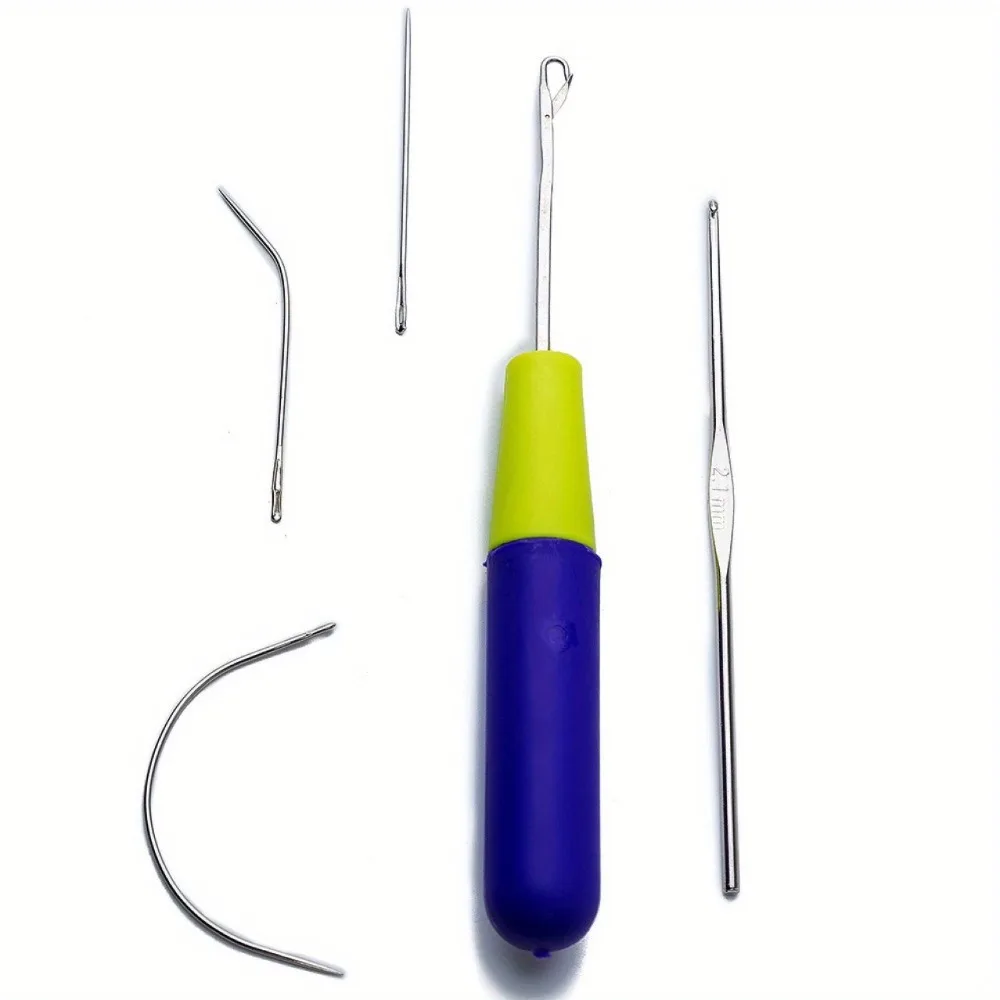 5pcs Dreadlock Tool Kit Hair Extension Weaving Needle Latch Hook Crochet with Curved & Bent Repair Needles for Braid Craft DIY