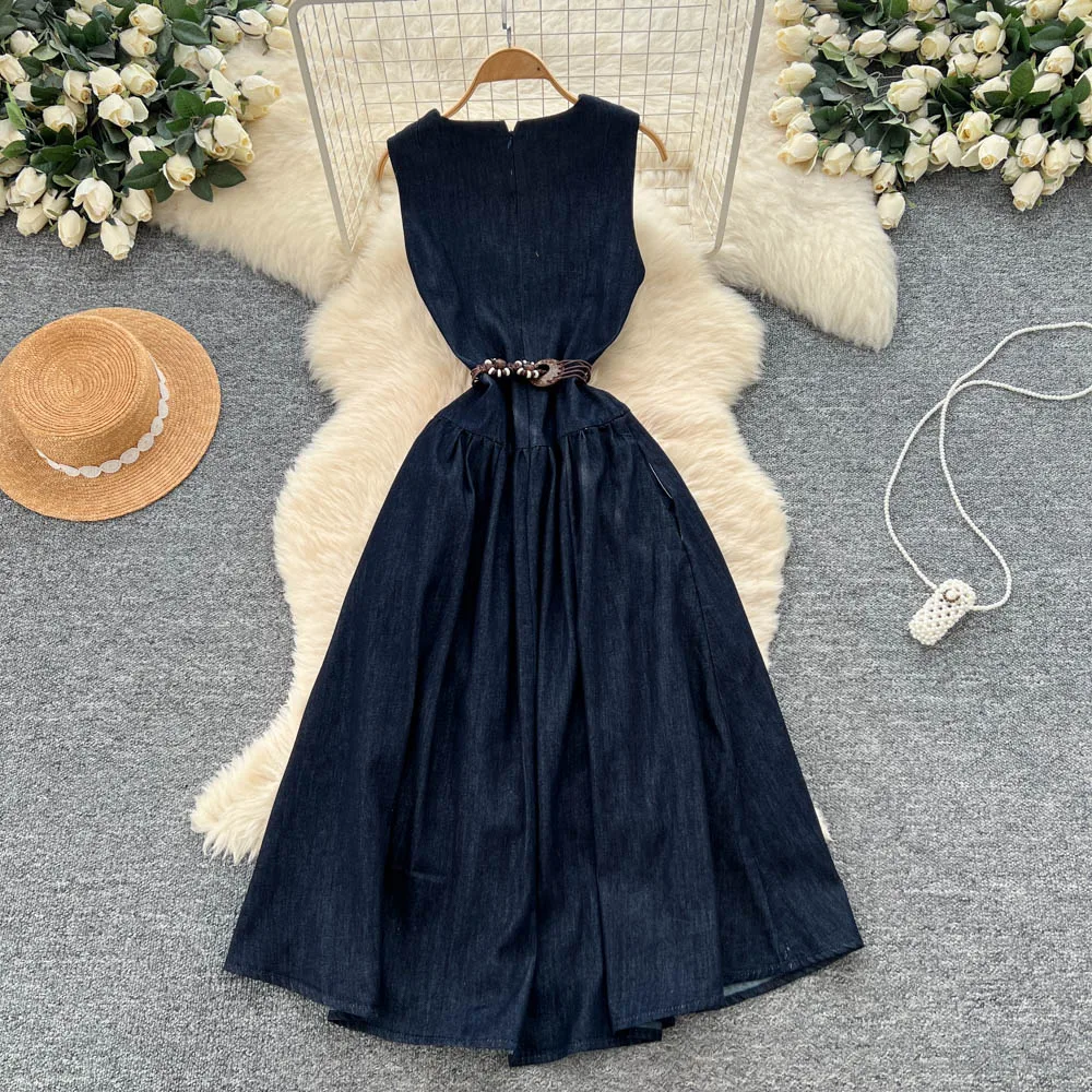 Chic vintage scollo a V senza maniche increspato sottile elegante fata moda coreana Boho vestito estivo abbigliamento donna Abito lungo