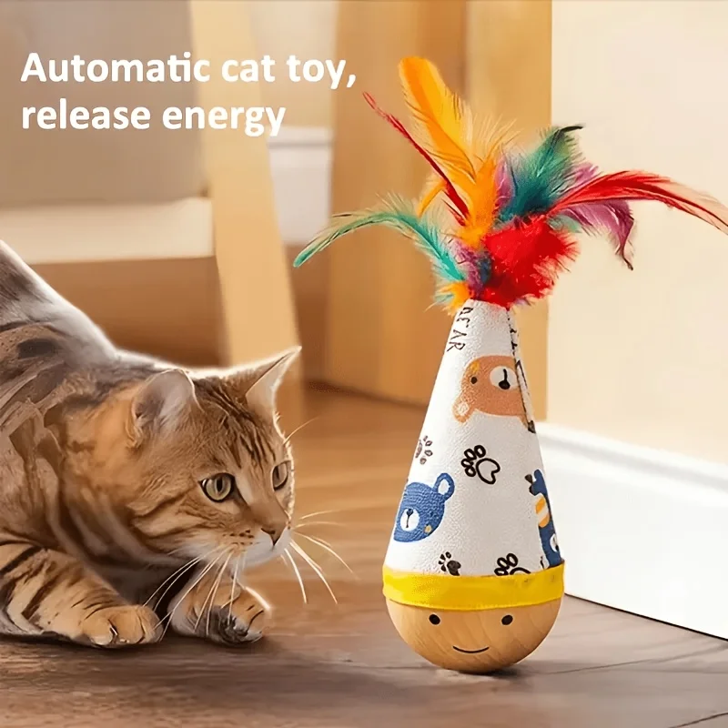 Interactive Feather Teaser Wand with Self-Righting Base Solo Play for Boredom Relief Energy Burner Pet Toys for Dogs and Cats