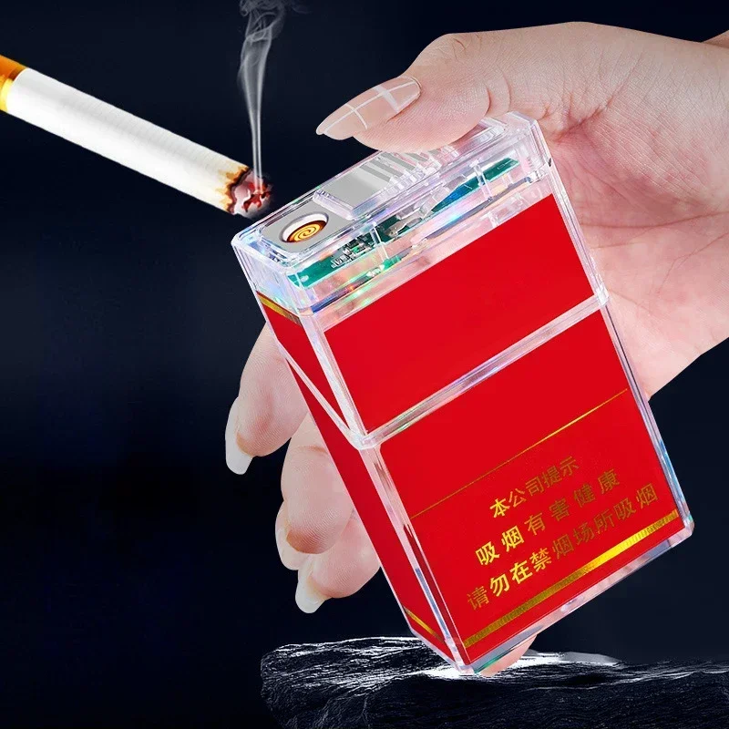 Type-C Cool Lantern Rechargeable Cigarette Case Lighter Transparent Shell Flash 20-pack Lighter Integrated Cigarette Case