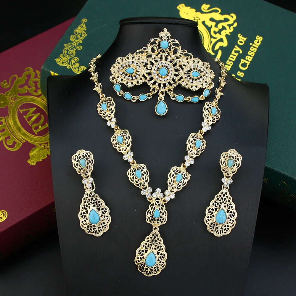 Sunspicems Elegent Morocco Bride Jewelry Sets Women Drop Earring Caftan Brooch Pins Choker Necklace Set Arabic Wedding Bijoux