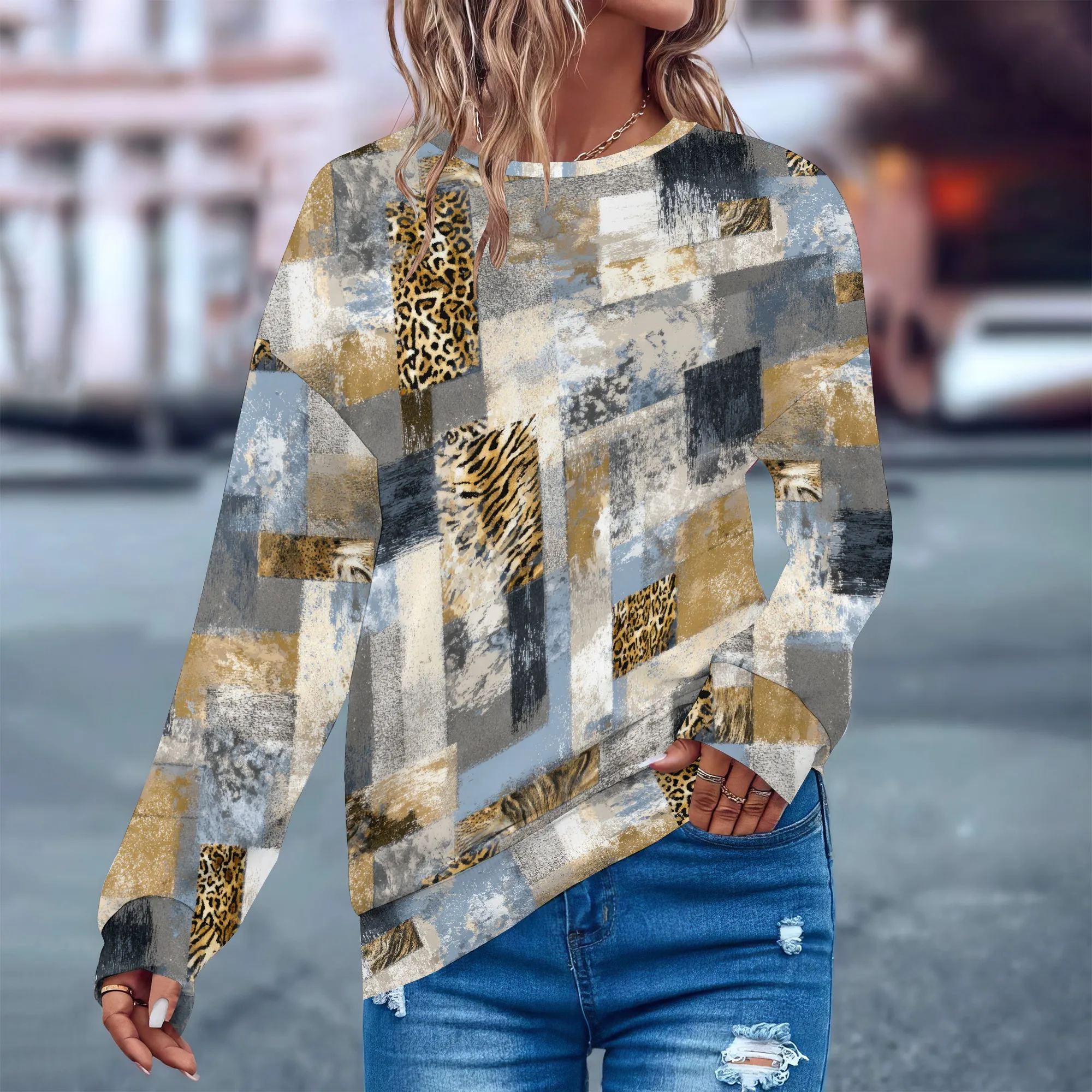 Camicia da donna alla moda a maniche lunghe Y2k con grafica autunnale Felpa basic leggera e comoda girocollo