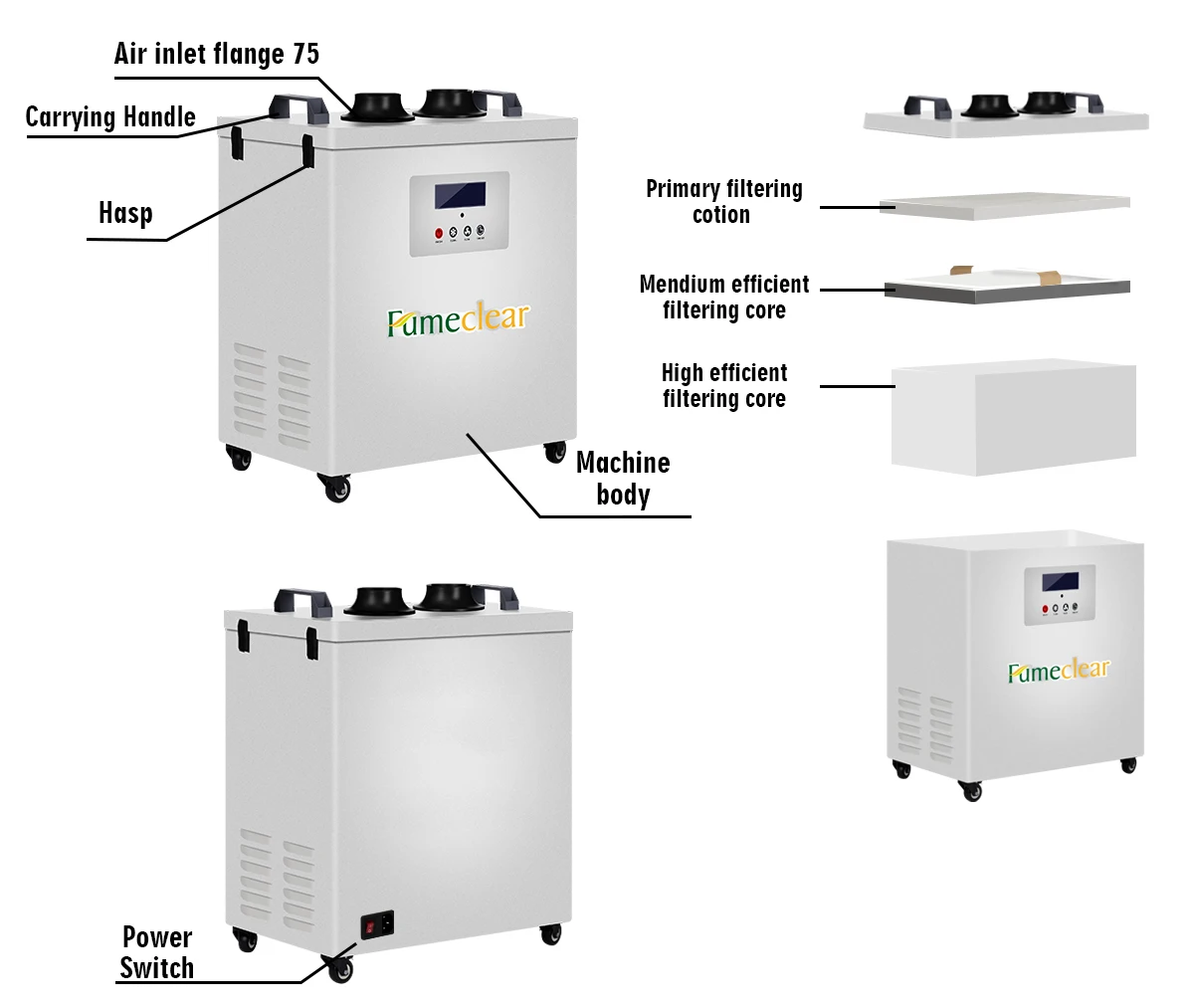 شفط قوي لحام الصناعية الدخان ومستخرج الغبار لتنقية الهواء مع أذرع مزدوجة لحام الطابعة ثلاثية الأبعاد بالليزر