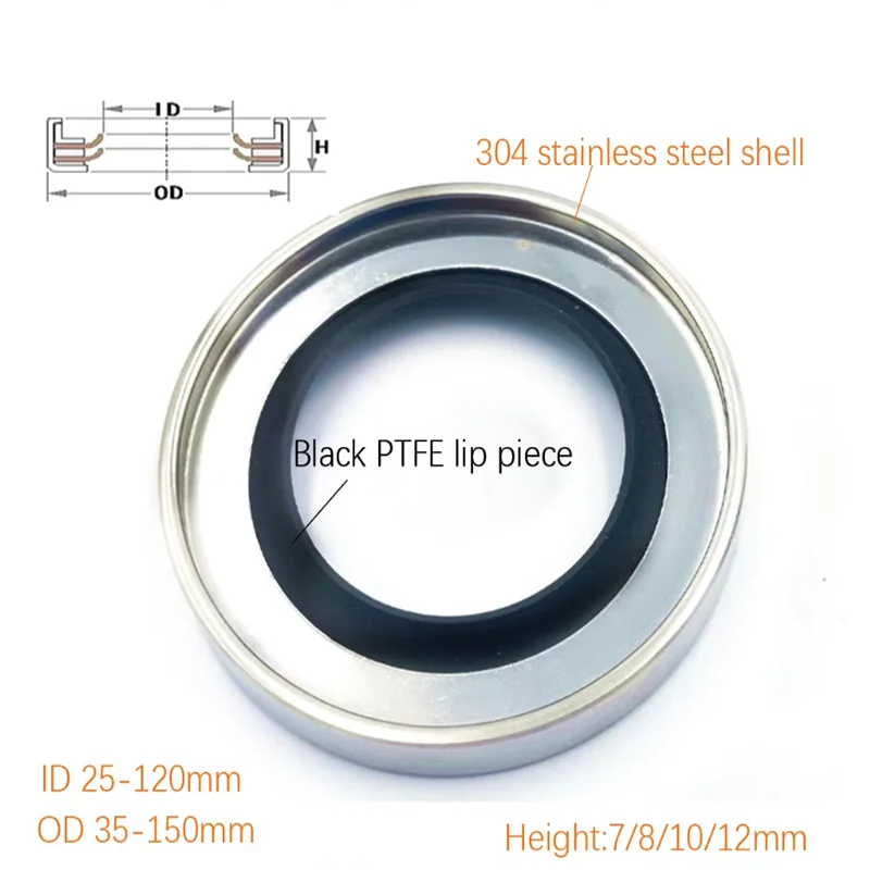 PTFE Stainless Steel Oil Seal With Double Lips, PTFE Outer Skeleton, PTFE Resistant to High Temperature, Abrasion and Corrosion