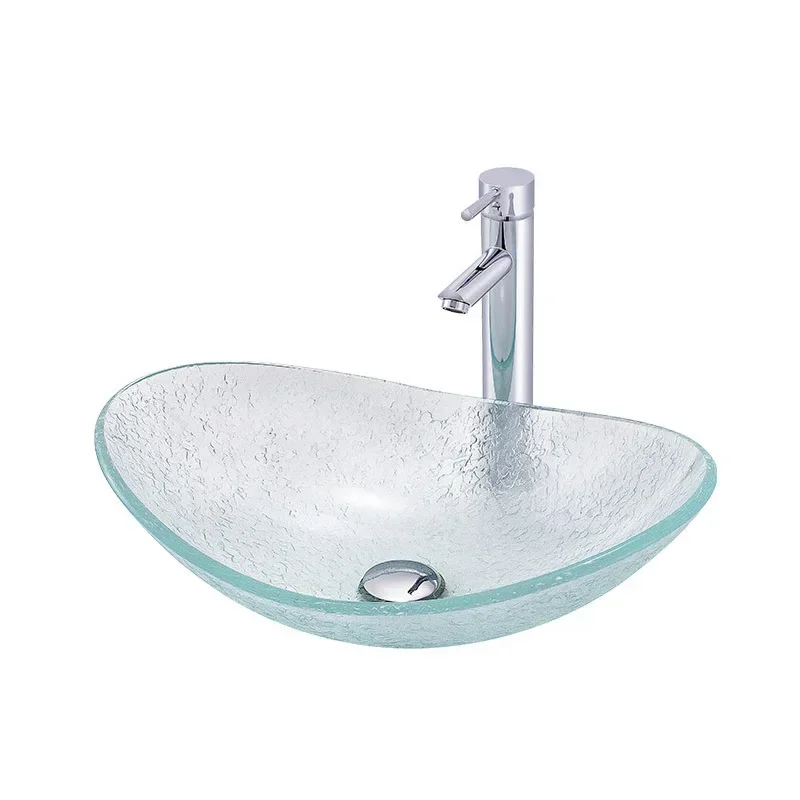 Tempered Glass Washbasin Hotel Minimalist Creative Art Basin Transparent Crystal Countertop Oval Bathroom Sink With Drain Pipe