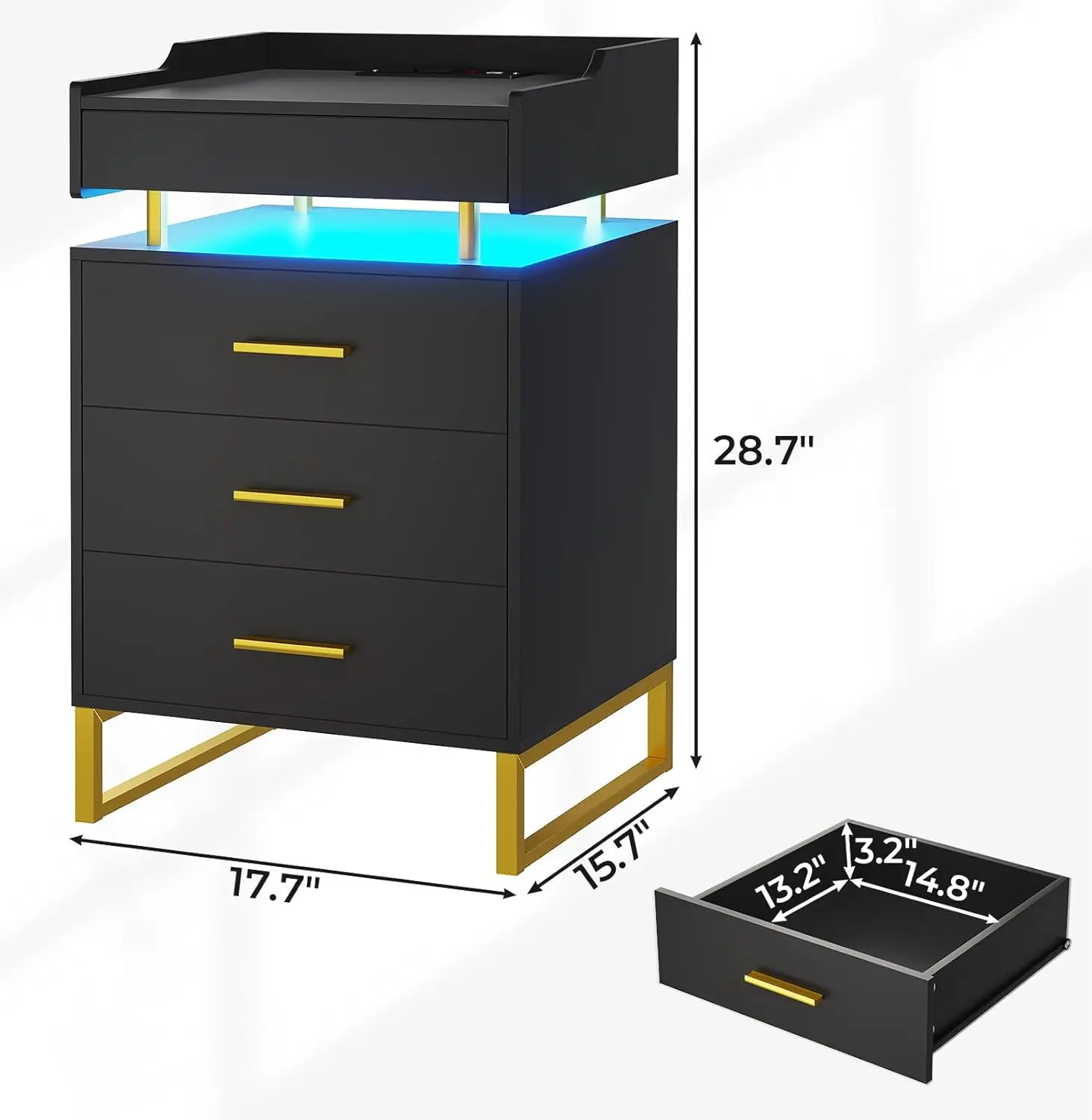 Ensemble de table de nuit LED avec station de charge, table de nuit avec 3 égouts de proximité et 1 escalade nervurée, 2 pièces