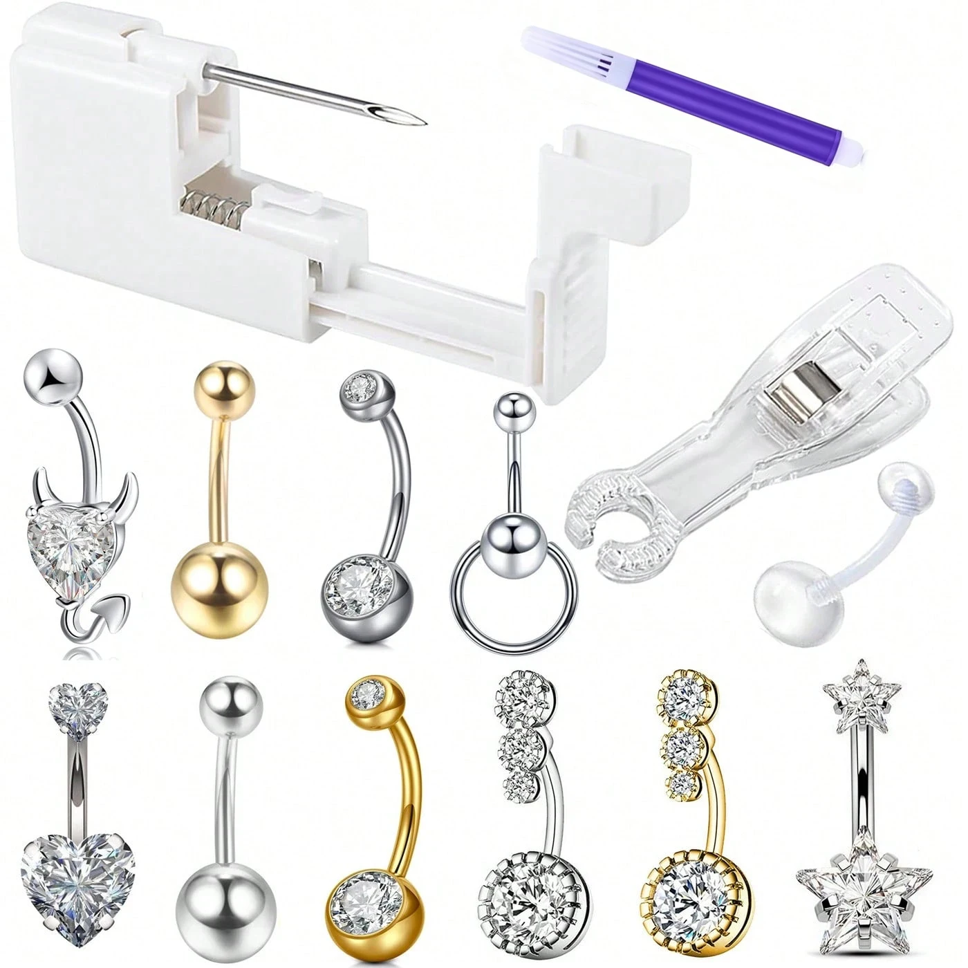 5pcs Belly Button Piercing Kit Self Belly Piercing Gun With Stainless Steel Belly Rings Hypoallergenic Navel Rings Jewelry