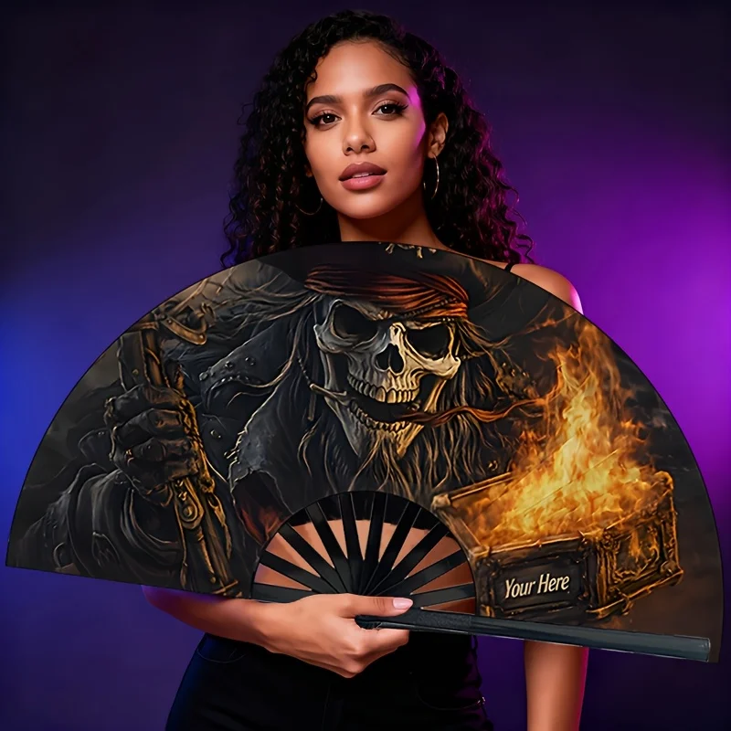 Dark Pirate Skull Folding Fan, Flame Treasure Printed Pattern, Pirate Skull Theme Lightweight Folding Fan, Summer Party| Bar Atmosphere Artifact| Music Festival Trendy Essential| Home Decoration| Women'S Folding Fan