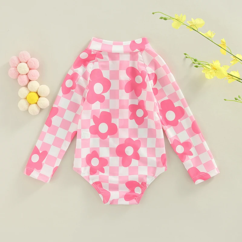 Yiiciovy Baby Girls Pink Floral Print Swimsuit Infant Babies Flower Plaid Long Sleeve Bikini Zipper Front Swimwear Bathing Suit