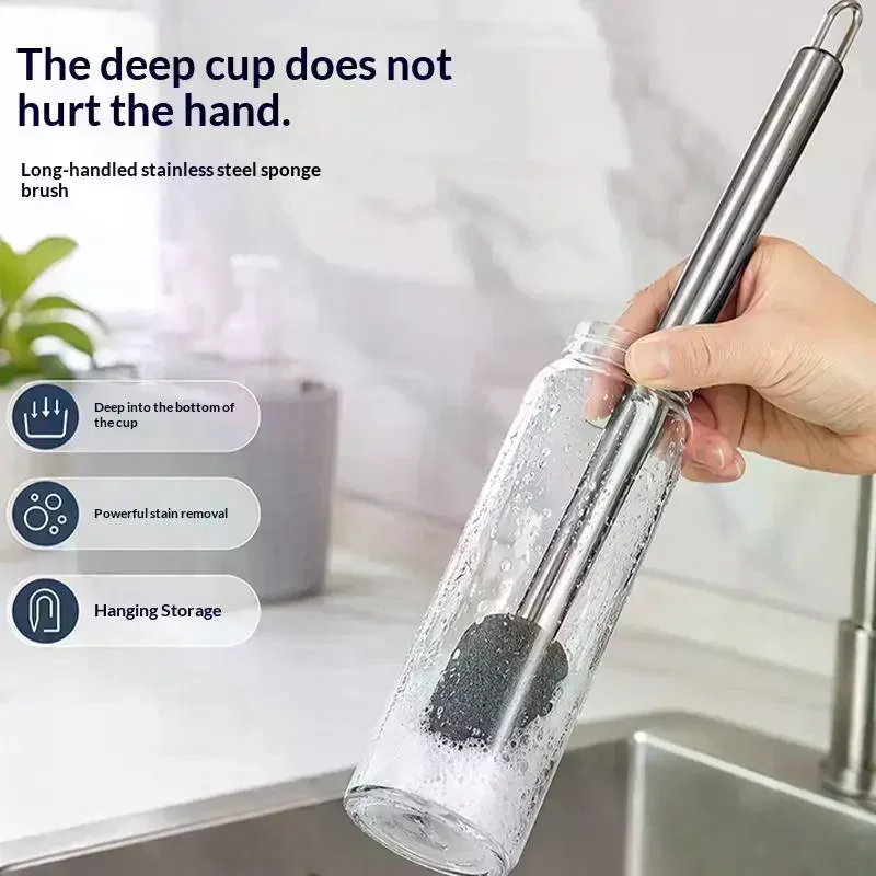 Stainless Steel Long Handle Sponge Cup Brush Strong Stain Removal Hangable For Kitchen Cleaning Bottles Mugs Tumblers Scrub