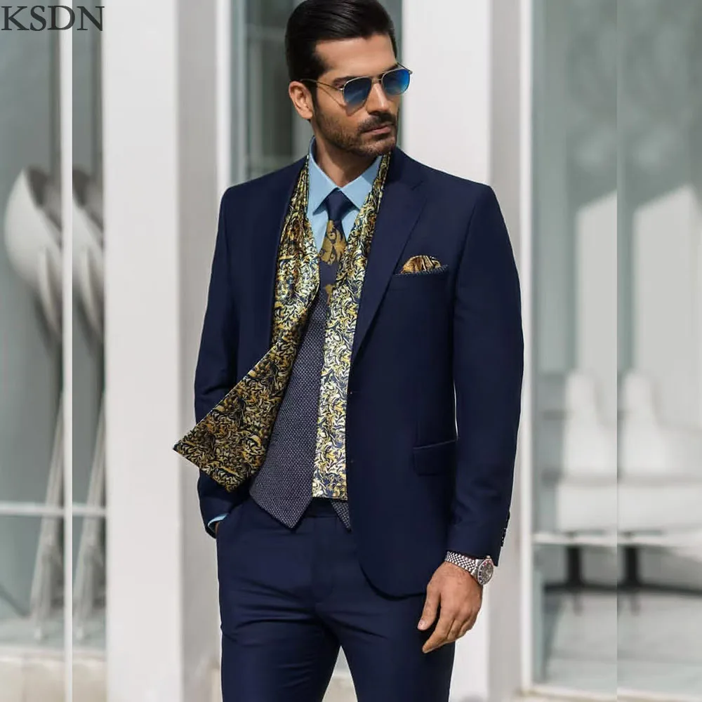 

KSDN High Quality Navy Blue Men's Suits Blazer Formal Business Single Breasted Notch Lapel Slim Fit 2 Piece Jacket Pants Costume