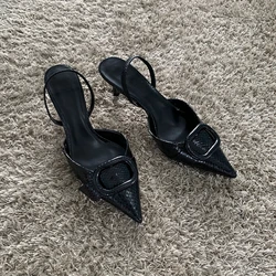 Fashion Black Leather Women Pumps Elegant Pointed Toe Office Work Ladies High Heeled Shoes 2025 Spring Dress Slingbacks Footwear