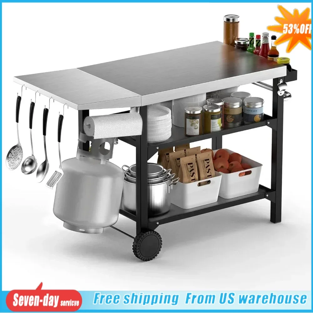 

Movable Outdoor Dining Cart Table, Multifunctional Food Prep Flattop Worktable on Wheels for Kitchen, Accessories ,Grill Carts