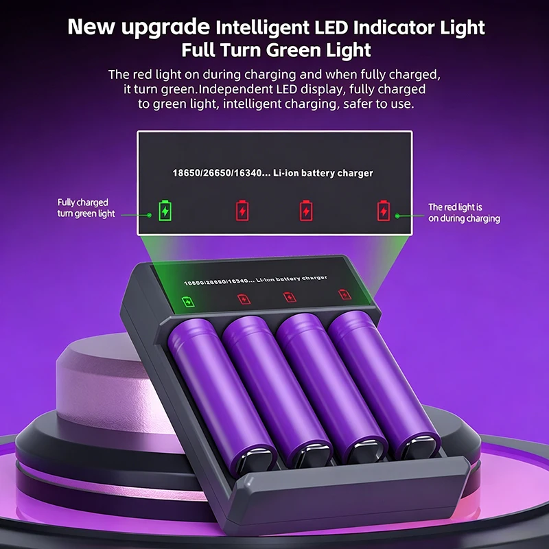 KOSHARE A402 4 Slots Smart Battery Charger With LED Display Type-C Fast Charging For 3.7V 18650 Li-ion Rechargeable Batteries