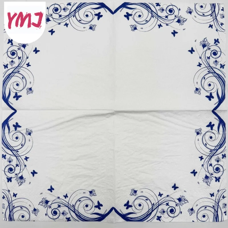 ブルーカントリースタイルバタフライフローラルプリントナプキン、折りたたみスクエアペーパー、パーティーペーパープレースマット、ボーンバート、パックあたり20個