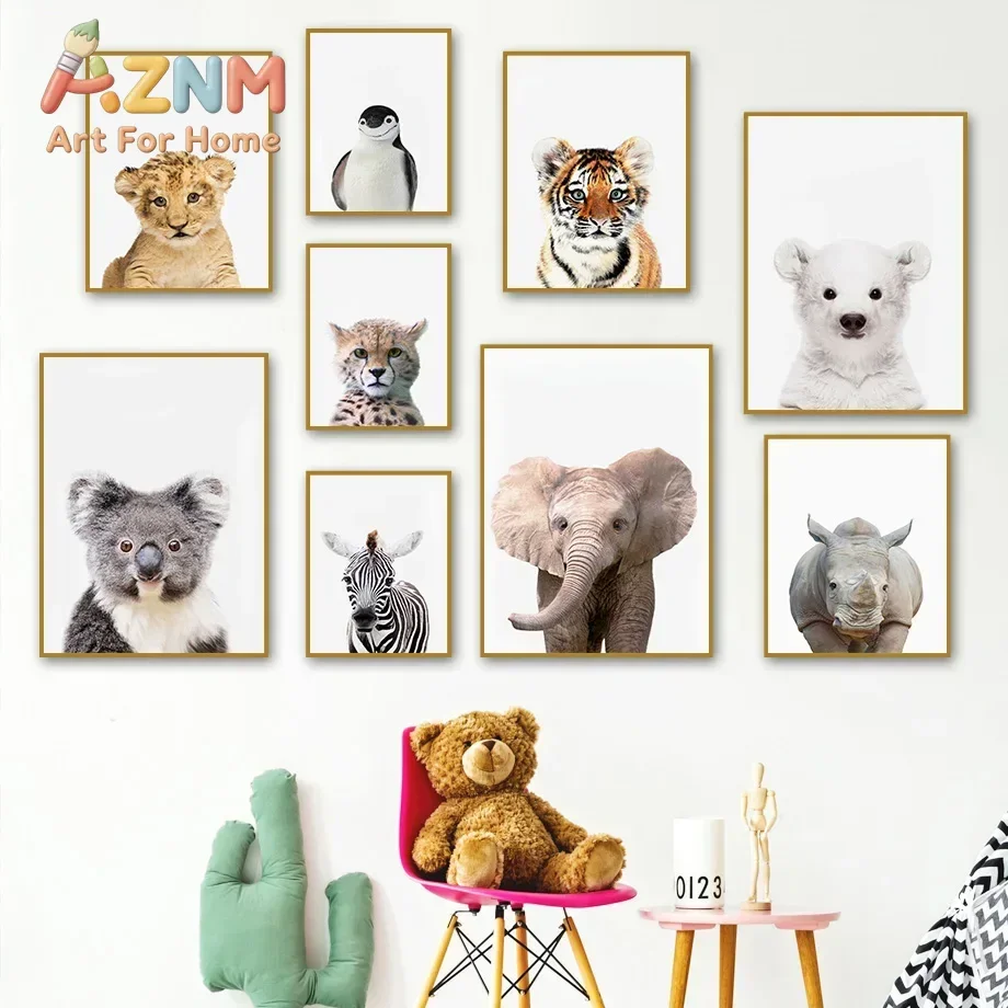 AZNM Baby Safari Animal Canvas Poster Lion Elephant Rhino Zebra Polar Bear Cute Wildlife Print Nursery Kids Room Wall Decor Unfr