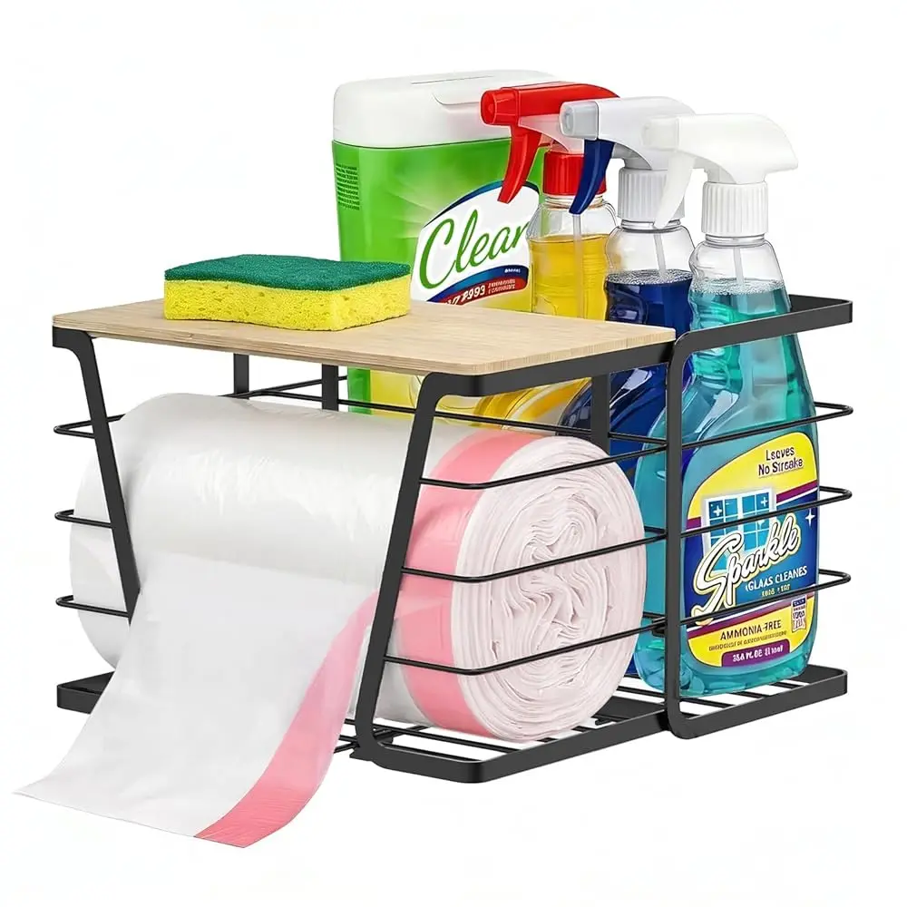 

Диспенсер для мусорных пакетов 2-в-1 под раковину, большой держатель для рулонов пакетов для мусора с бамбуковой крышкой, подходит для пакетов объемом 13/30/33 галлона, открытая задняя панель для хранения