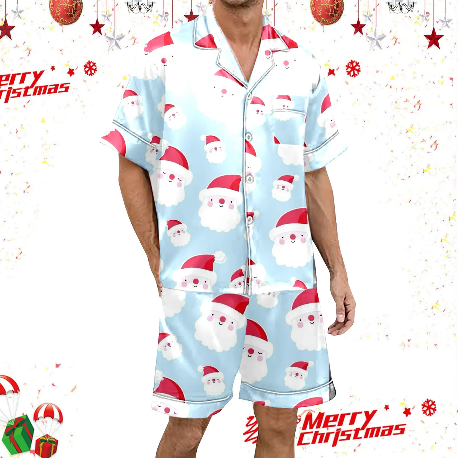 Men Pajama Sets Casual Home Clothes Christmas Pajamas Set Women 2-Piece Silk Satin Short-Sleeved Shirt And Shorts Sleepwear