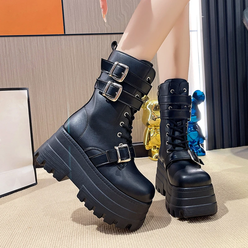 Gloednieuwe Dames Goth Platform Laarzen Mode Klinknagel Gesp Punk Wiggen Hoge Hakken Dameslaarzen Party Street Cosplay Vrouw Schoenen